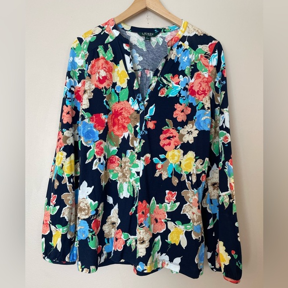 Lauren Ralph Lauren Navy Blue Floral Long Sleeve Blouse Top Size Large - Picture 12 of 13